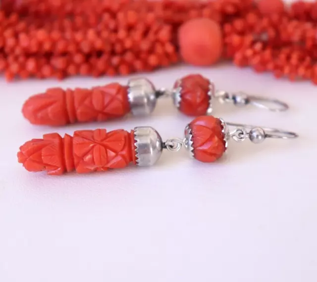 Late Georgian/early Victorian Carved Coral Drops 925 Silver Earrings