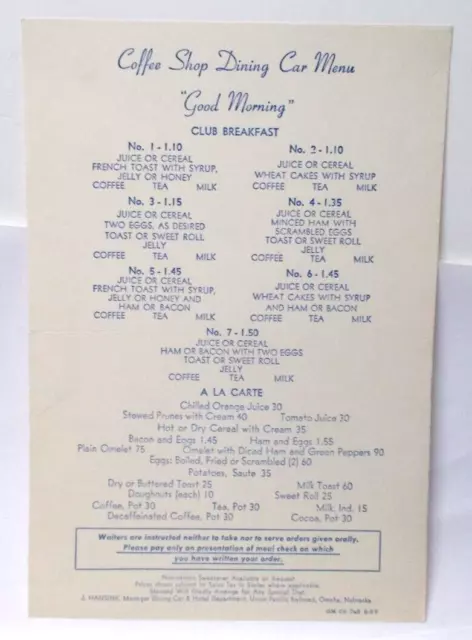 Vintage 1950`s Union Pacific Lines Railroad Dining Car Breakfast Menu Vintage 1950`s Union Pacific Lines Railroad Dining Car Breakfast Menu