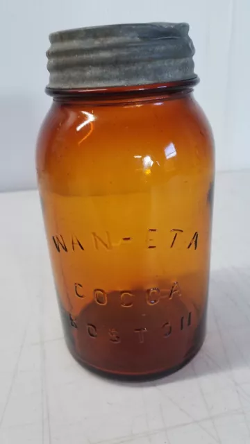 Vintage WAN-NETA COCOA BOSTON Amber Quart Mason Fruit Jar with Zinc Lid 910