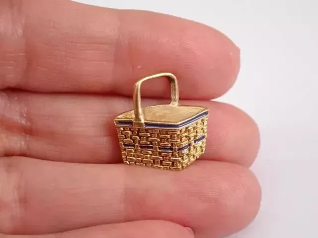 Art Deco Vintage Basket Charm 14K Yellow Gold Plated Blue Enamel Pendant Women's