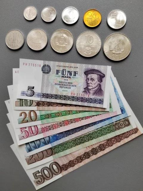 Complete currency set from East Germany GDR 1 Pfennig - 500 Marks, crisp,B04