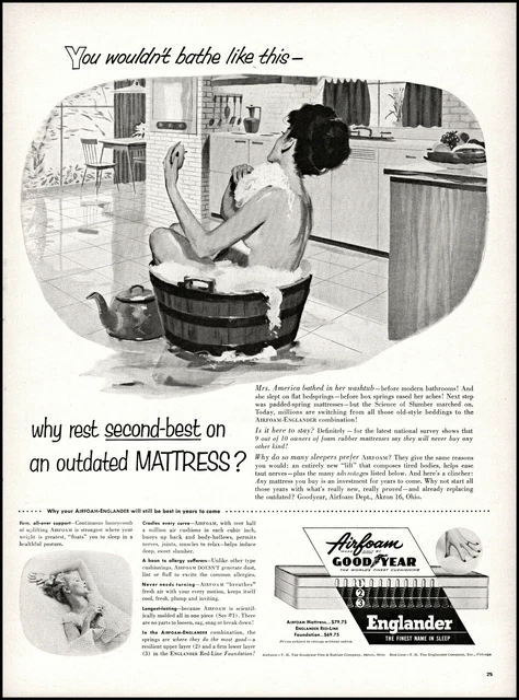 1955 Woman Bathing in wooden tub Englander mattress vintage art print print L54