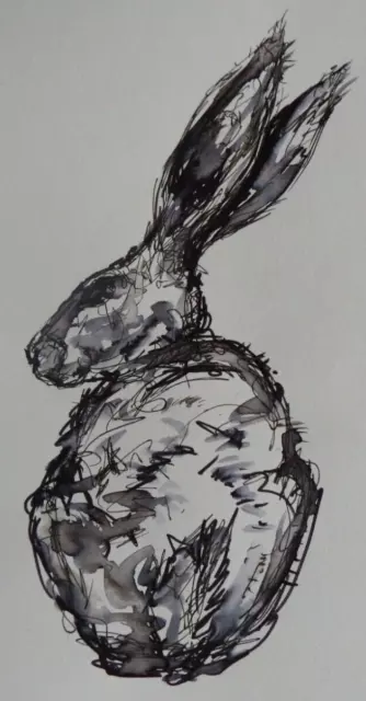 Original black pen ink wash small drawing study of a hare sitting