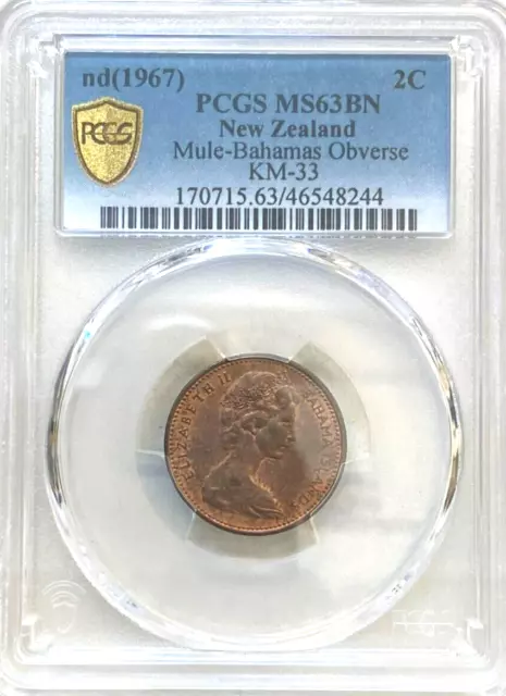 New Zealand 1967 2 Cents  Bahamas  Obverse "  Mule Error "  Pcgs  63 Gem Unc #5