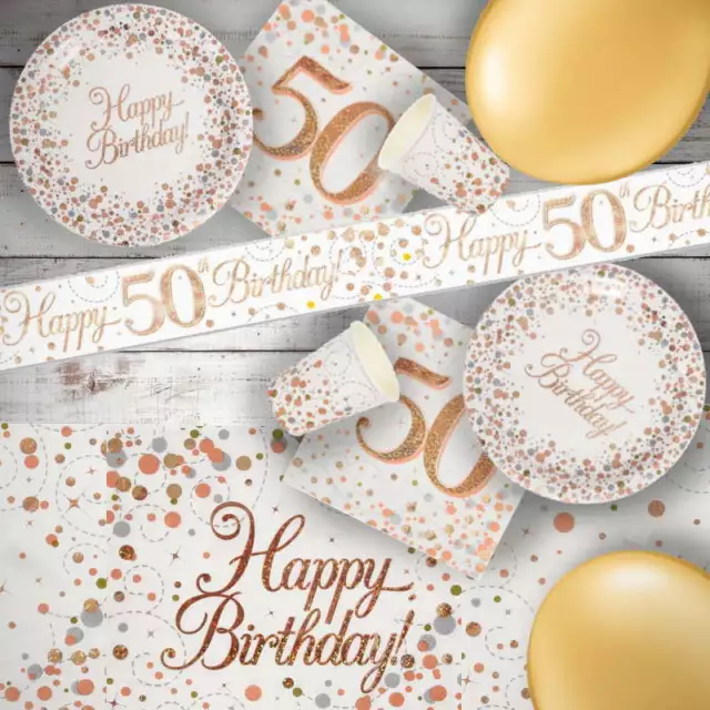 Rose Gold Age 50th Birthday Party Decorations Banner Bunting Balloons Tableware