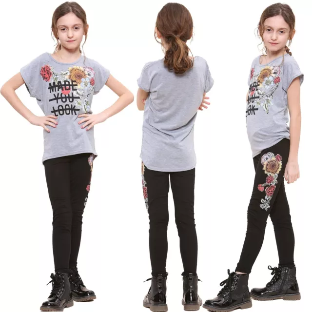 Bambini Top Maniche Corte Fatto You Look Stampa T Shirt & Set Leggings 5-13 Anno