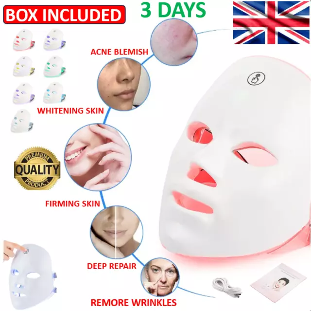 7 Colors Facial LED Mask Photon Skin Therapy Rejuvenation Wireless Anti Aging UK