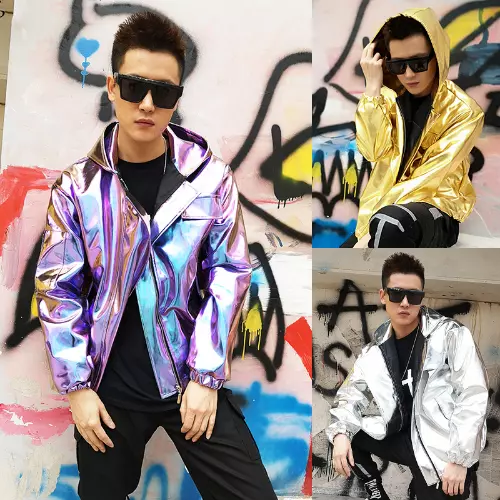 Male Silver/Gold Pu Leather Jacket Nightclub Dancer Stage Clothes Rave Outfit