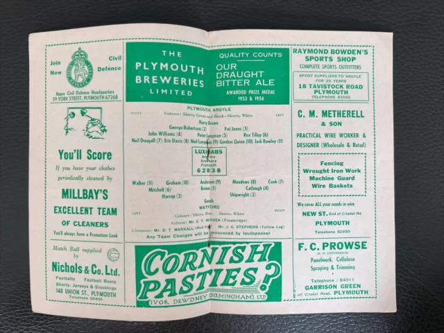 16.2.1957. Plymouth Argyle v Watford (Div 3 South). 2