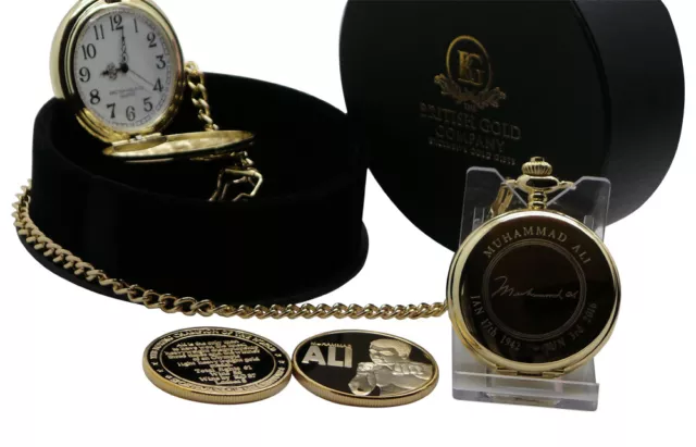 SIGNED MUHAMMAD ALI 24k Clad Gold Pocket Watch and Boxing Gold Coin Luxury Gift