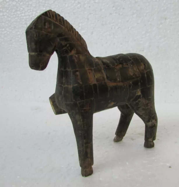 Vintage Collectible Old Hand Carved Horn Fitted Wooden Statue Rare