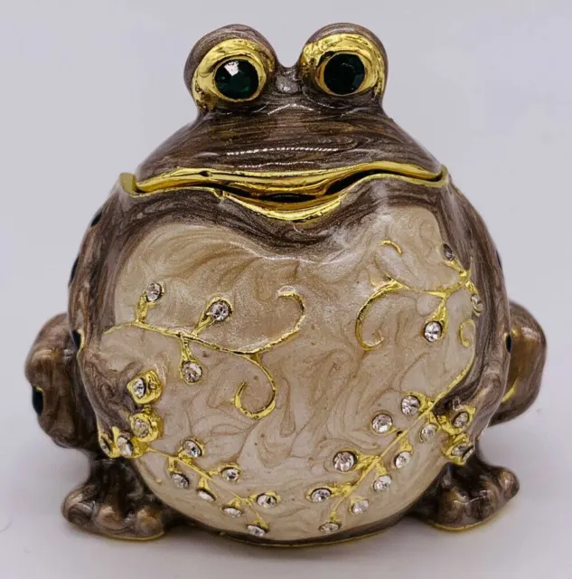 Fat Belly Frog Toad Enamel Jeweled Pill Trinket Box Hinged Brown Spotted Back