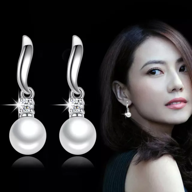 925 Sterling Silver CZ Pearl Stud Earrings Drop Dangle Womens Fashion Jewellery