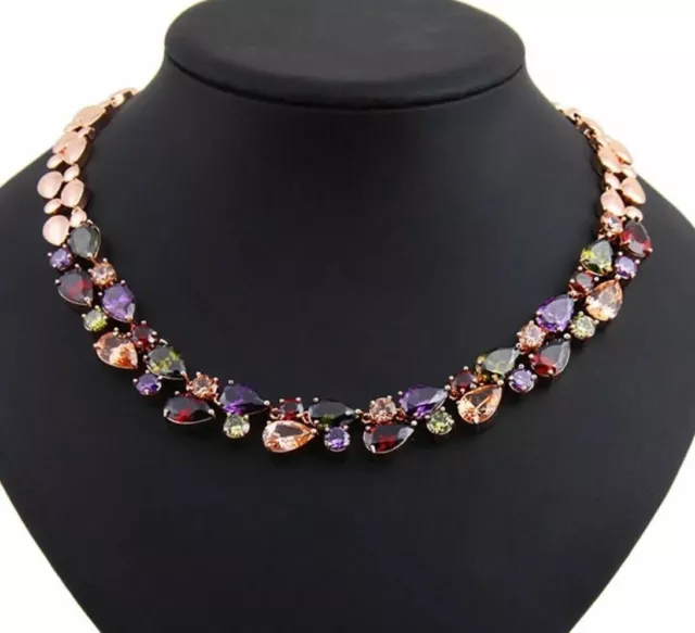 18k Rose Gold Filled Necklace made w Swarovski Crystal Multicolor Stone Gorgeous