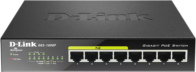 D-Link Switch DGS-1008P, 8-Port Unmanaged PoE+ Gigabit Switch (8 Anschlüsse mit