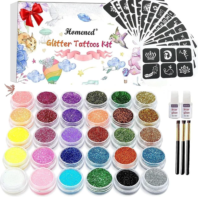 GLITTER TATTOOS KIT, Temporary Tattoo Set for Kids, 30 Colors Body... £