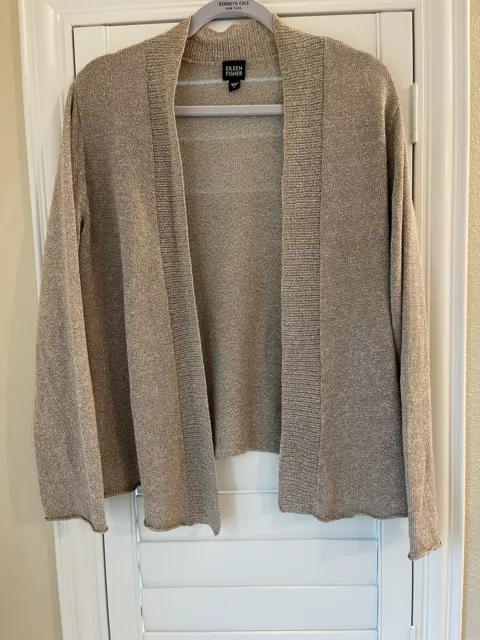 Eileen Fisher Open Cardigan Sweater Size L Large Beige Tan Linen Cotton Blend