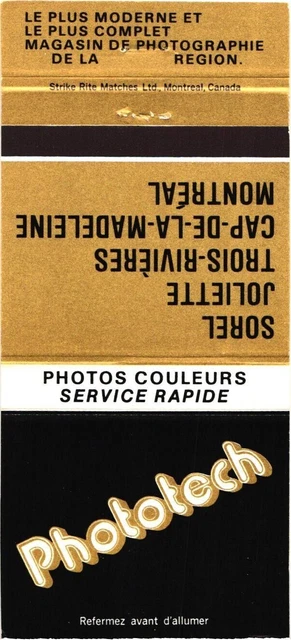 Sorel Joliette Trois-Rivières Montreal Canada Phototech Vintage Matchbook Cover