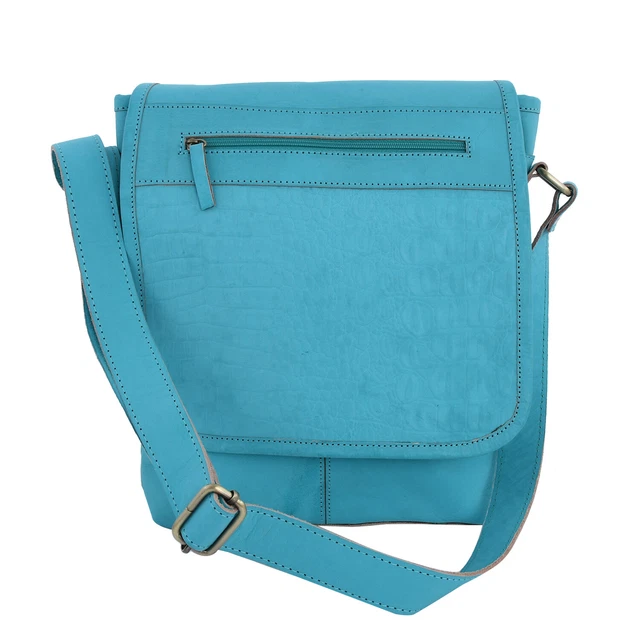 Turquoise Genuine Leather Croc Embossed Crossbody Bag with Adjustable Strap