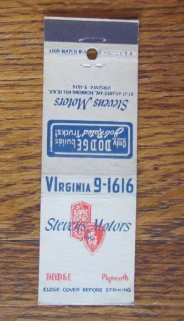 Stevens Dodge Plymouth Car Dealer Matchbook Cover: Richmond Hill, Ny Matchcover