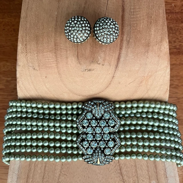 HEIDI DAUS 9 Pearl Strand Choker with Earrings in Green Swarovski Crystals