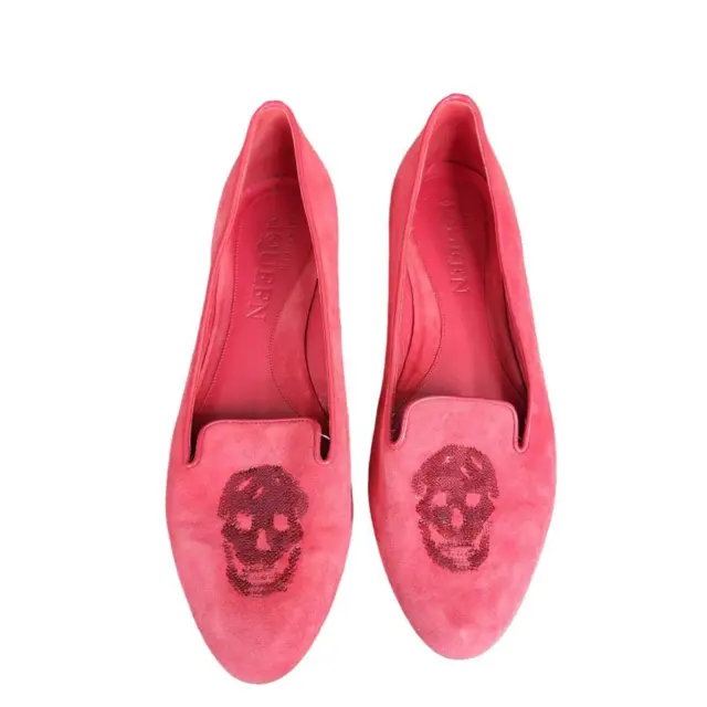 Alexander Mcqueen Womens Slip On Shoes Pink Suede Sequin Skulls Italy EUR 38 7.5