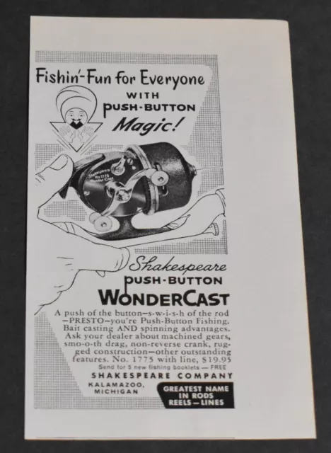 1957 SHAKESPEARE PRINT AD WonderCast Push Button Fishing Fathers reel  Detailed $5.00 - PicClick