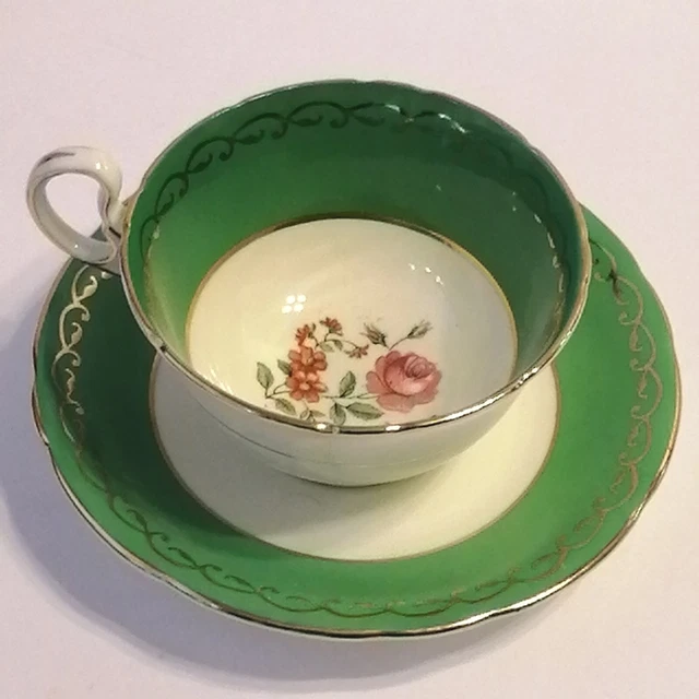 Vintage Aynsley Green Tea Cup And Saucer Bone China Set With Pink Rose