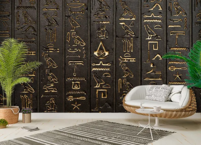 3D Wallpaper Big Gold Egyptian Hieroglyphs on Brown Wall Peel and Stick
