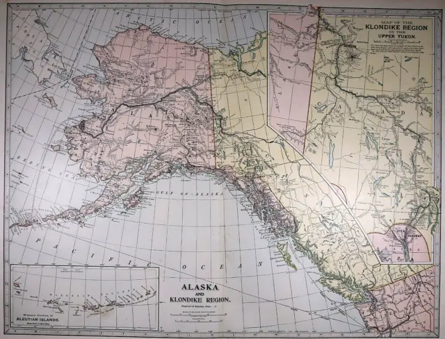 Lg (16"x21") Old 1898 Atlas Map ~ ALASKA / ALASKAN TERRITORY w/ KLONDIKE REGION