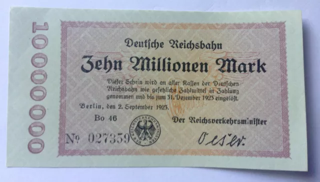 RARITÄT Zehn Millionen Mark 1923 Deutsche Reichsbahn KASSENFRISCH UNC (80)