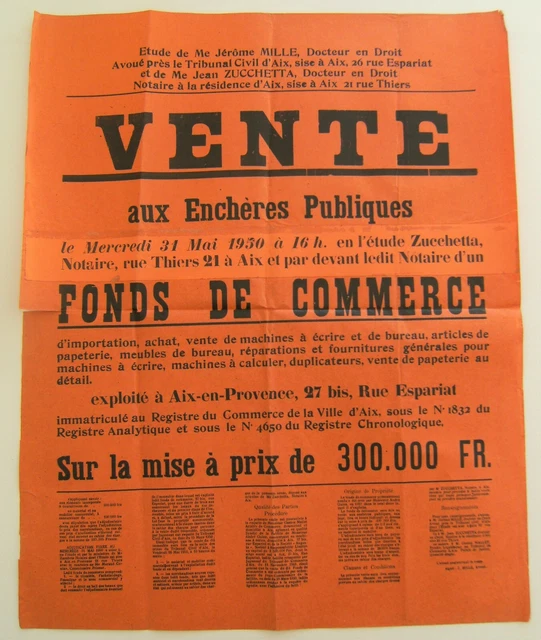 Affiche vente enchère fond commerce importation papeterie 1950 vintage rétro