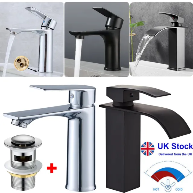 Waterfall Modern Bathroom Basin Sink Mono Chrome Mixer Tap Cloakroom + Waste