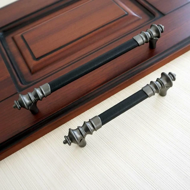Gun Black Leather Cabinet Door Handles Drawer Pulls Kitchen Cupboard Handle