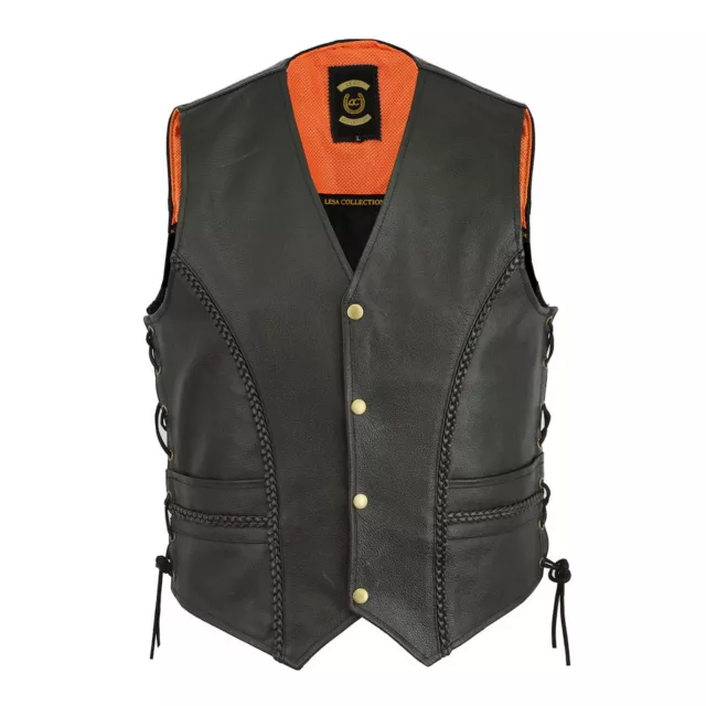 New Mens Braided Leather Motorcycle Biker Style Waistcoat Vest Black Side Laces