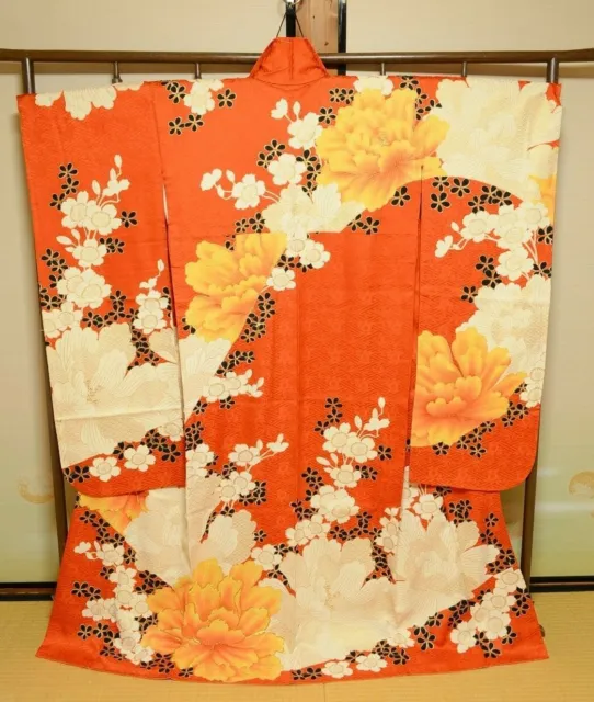 Furisode Silk Kimono Women Japanese Vintage Robe Flower 158cm /741