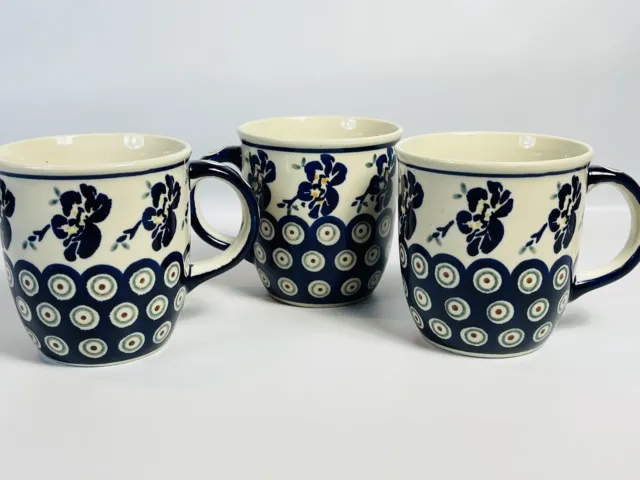 Set of 3 Polish Pottery Boleslawiec Handpainted Blue Rose Coffee Mug Cup 12oz