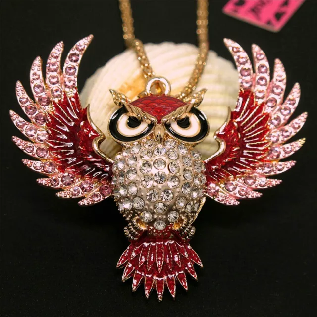 New Fashion Lady Pink Enamel Owl Bird Animal Crystal Pendant Women Necklace