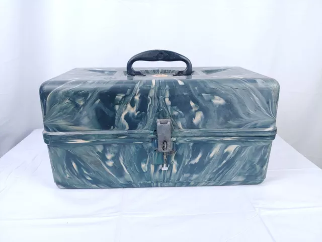 VTG 18" Old Pal 2-Tier Fishing Tackle Box Blue Green Swirled Plastic MCM Ornate