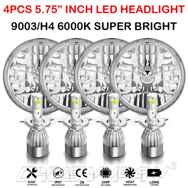 5.75" Inch Round Crystal Diamond Cut LED Chrome Glass Lens Headlights With Bulbs