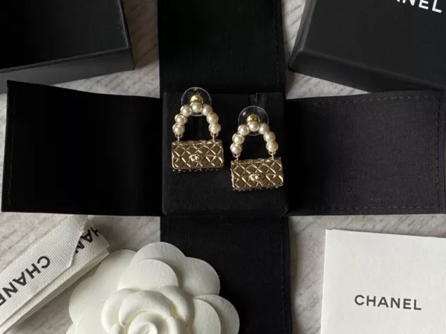 NIB 100%AUTH Chanel 23C Black Resin Classic Flap Quilted Bag Earrings Gold  HDW