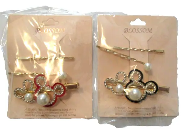 Mickey Mouse Hair Clips Bobby Pins Gold Tone Pearl Red Black Set of 2