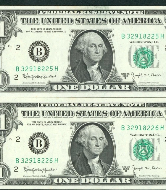 ((TWO CONSECUTIVE)) $1 1963 B ((CHOICE CU)) (JOSEPH BARR) Federal Reserve Note