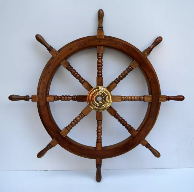 36" Nautical wooden ship steering wheel pirate wood brass wall decor gift item