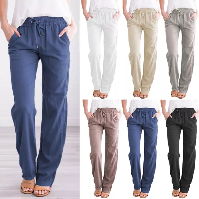 Pantalon En Lin Et Coton Uni Pour Femmes Pantalon Long Taille Élastique Bas 》