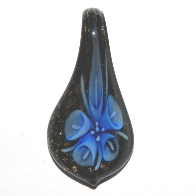 P2465 Blue Flower with Gold Sparkles 56mm Lampwork Glass Spoon Drop Pendant