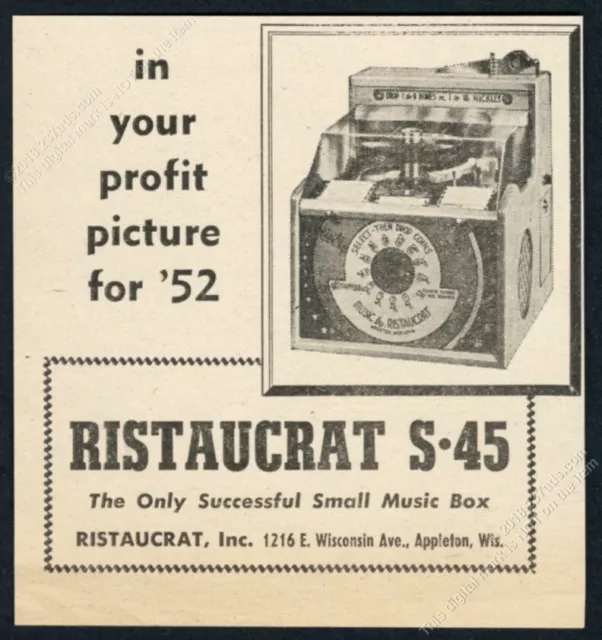 1951 Ristaucrat S-45 jukebox counter top model photo vintage trade print ad