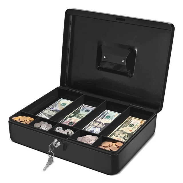Flexzion Cash Box with Money Tray, 2 Keys, Security Lock Box with Removable 9...