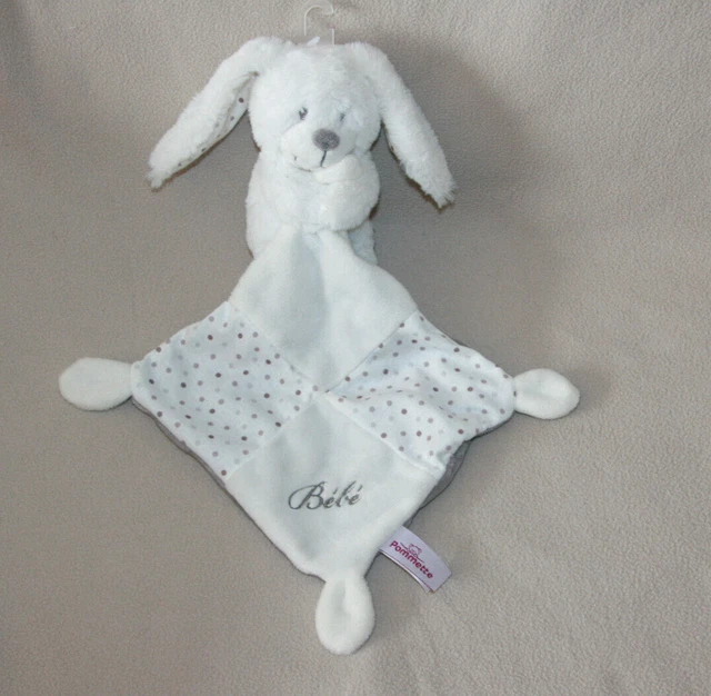 Pommette Doudou Lapin Blanc Mouchoir Blanc Gris Pois Bebe Neuf