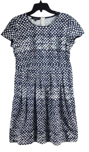 Lafayette 148 Gina Geo Print Pleated Triangle Blue  White Sheath Dress Size 10